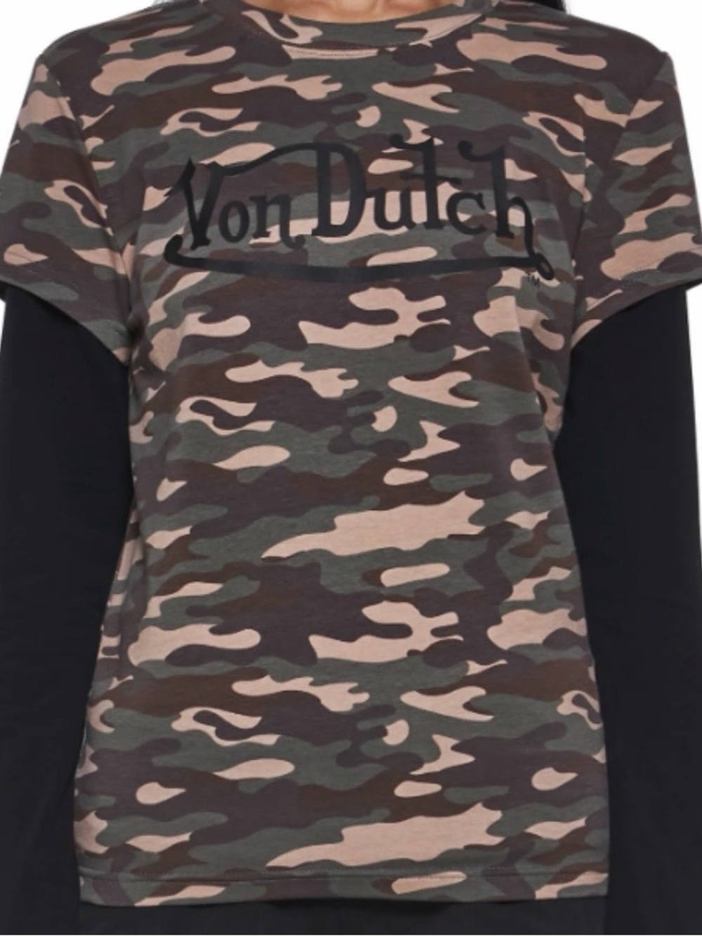 Von Dutch Camouflage Long Sleeve Layered-Look Tee in Green and Brown